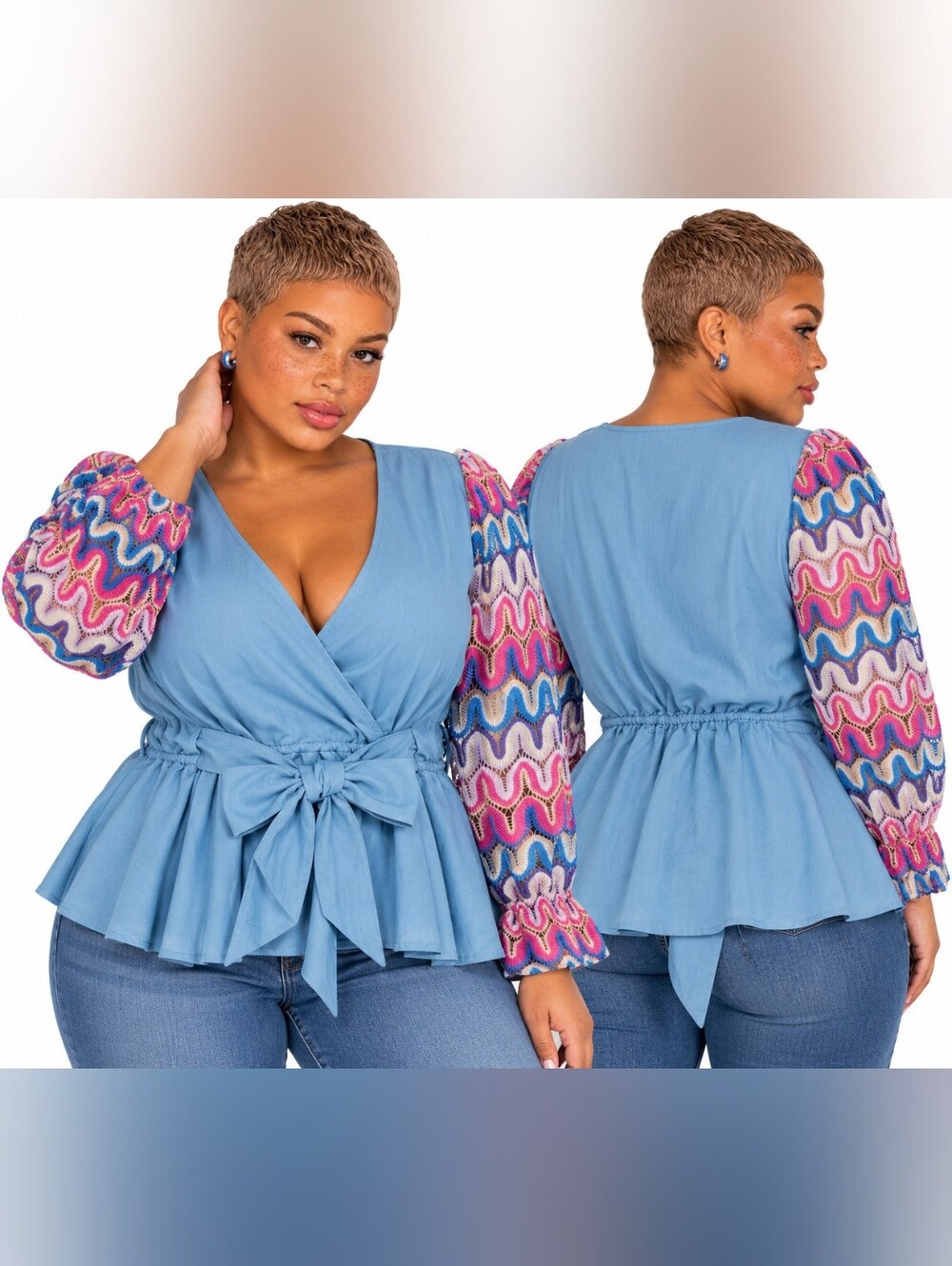 NWT Ashley Stewart Blue FX Wrap Peplum Lace Sleeve Top Size 18/20